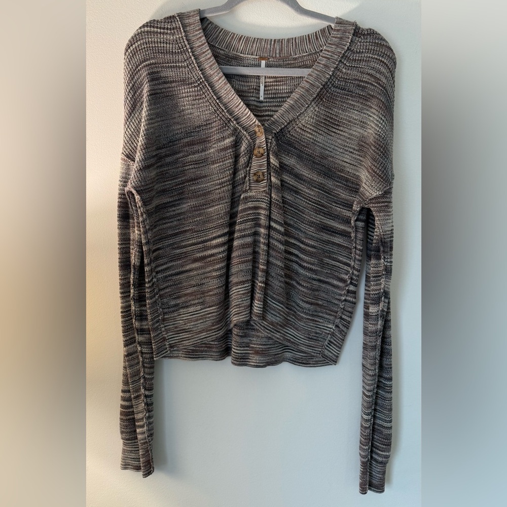 Free People Marble Ribbed Button Sweater Mercury Henley Space Dye Black Small